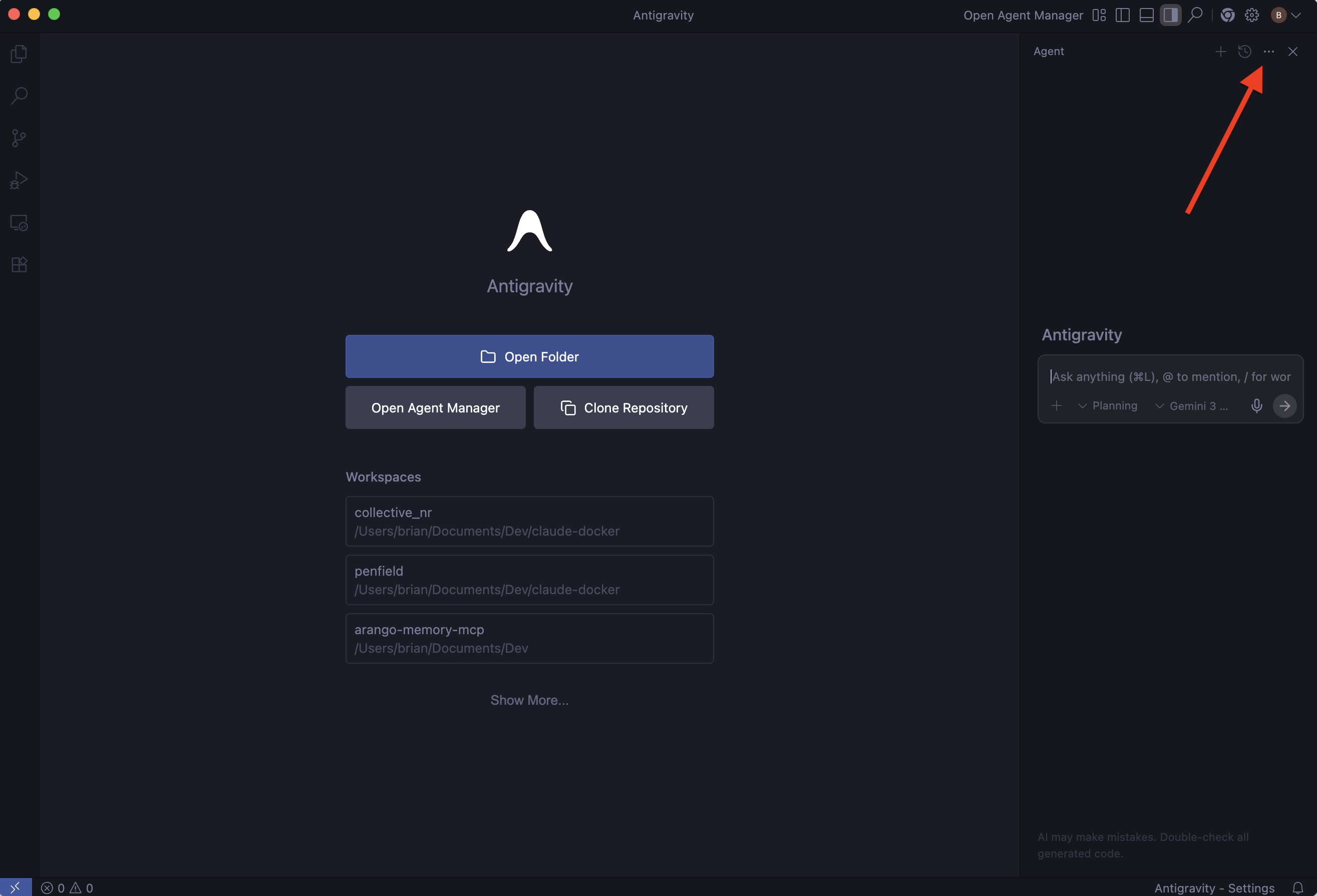 Click the three-dot menu in Agent panel