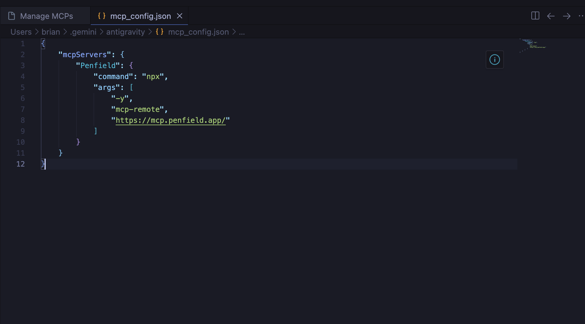 Antigravity mcp_config.json with Penfield