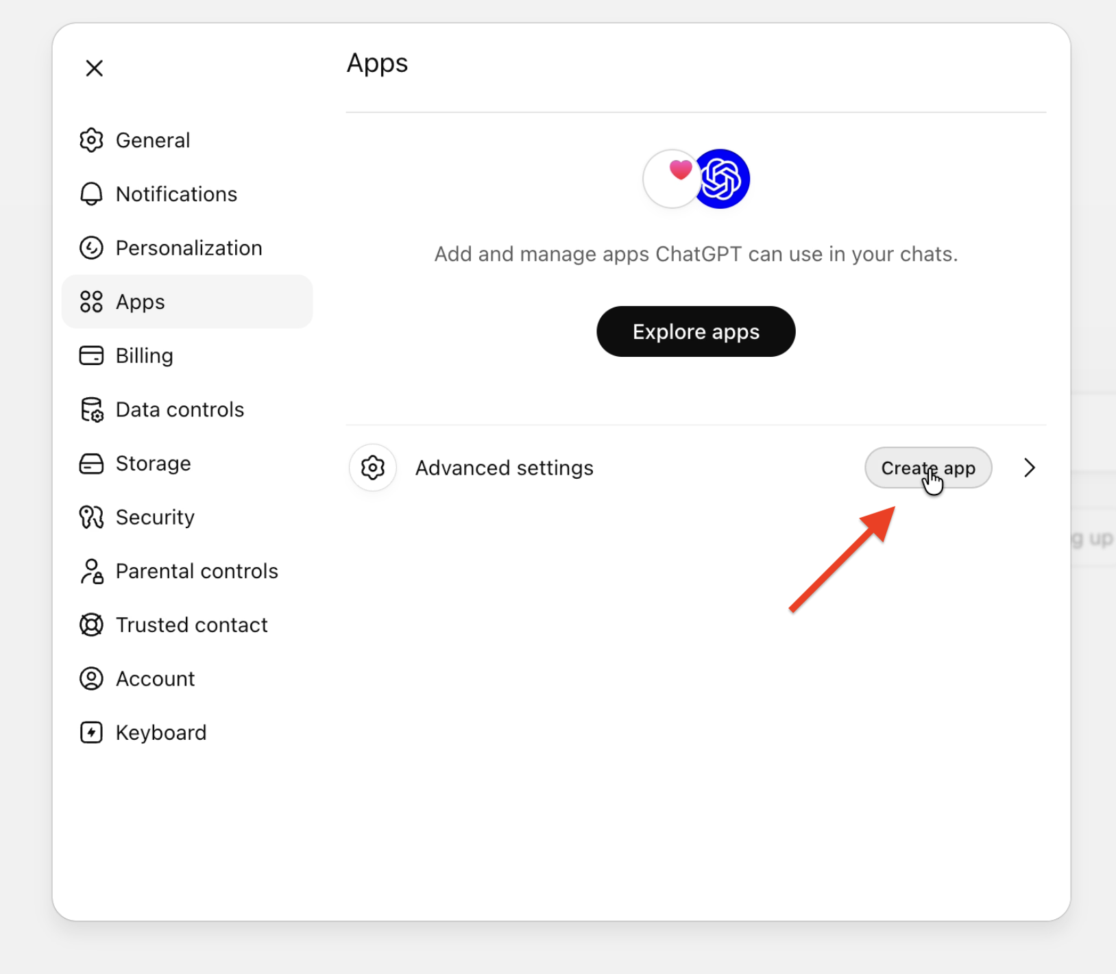 Apps page with Advanced settings
