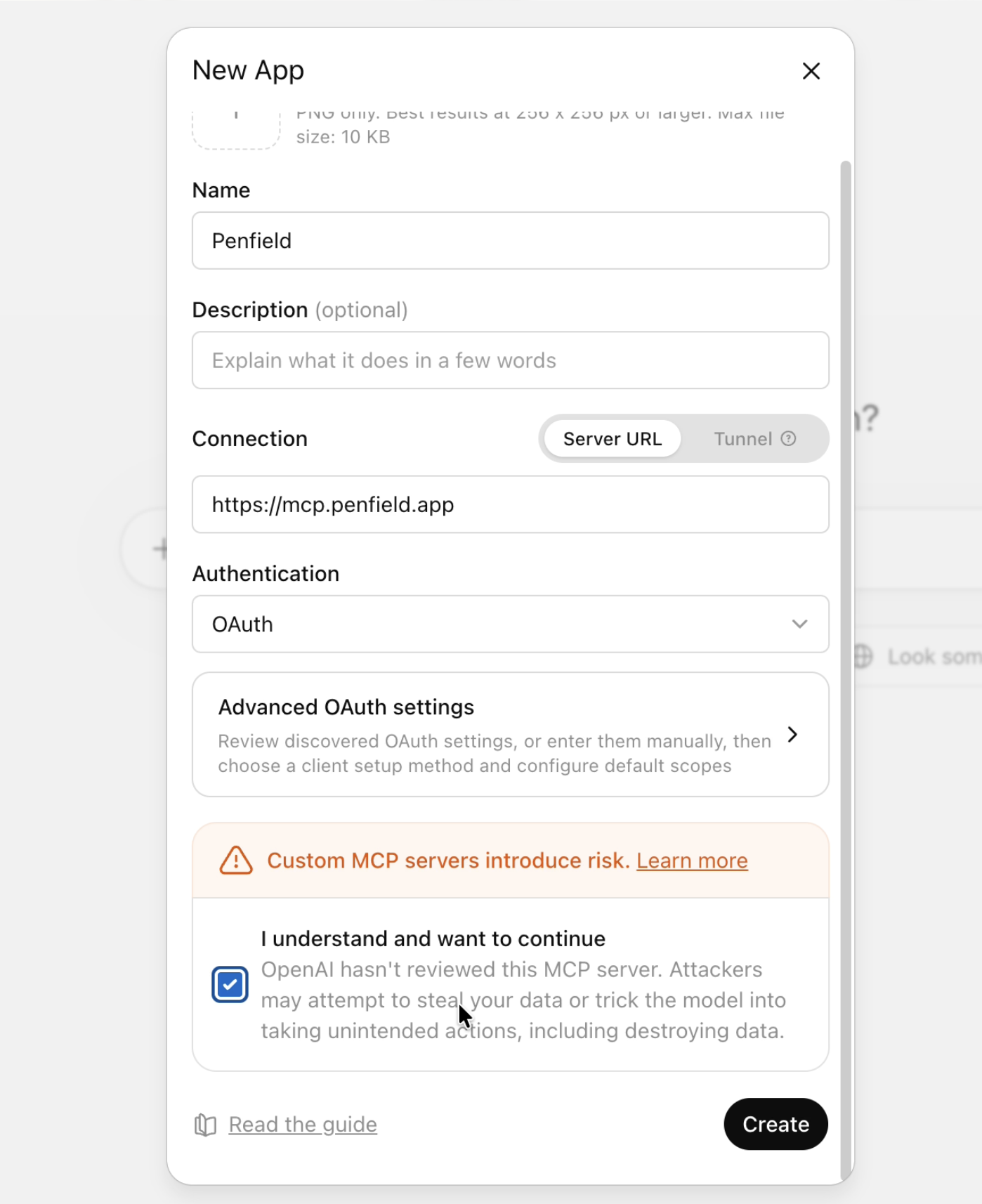 New App form with Penfield configuration