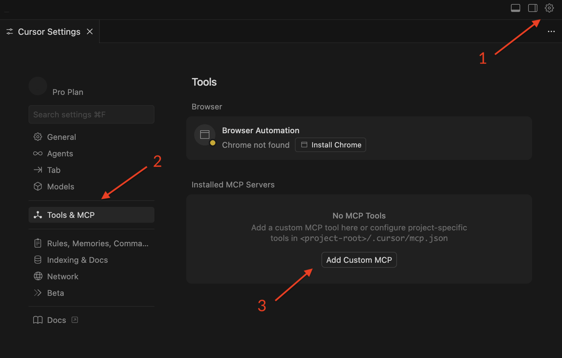 Cursor settings showing Tools & MCP
