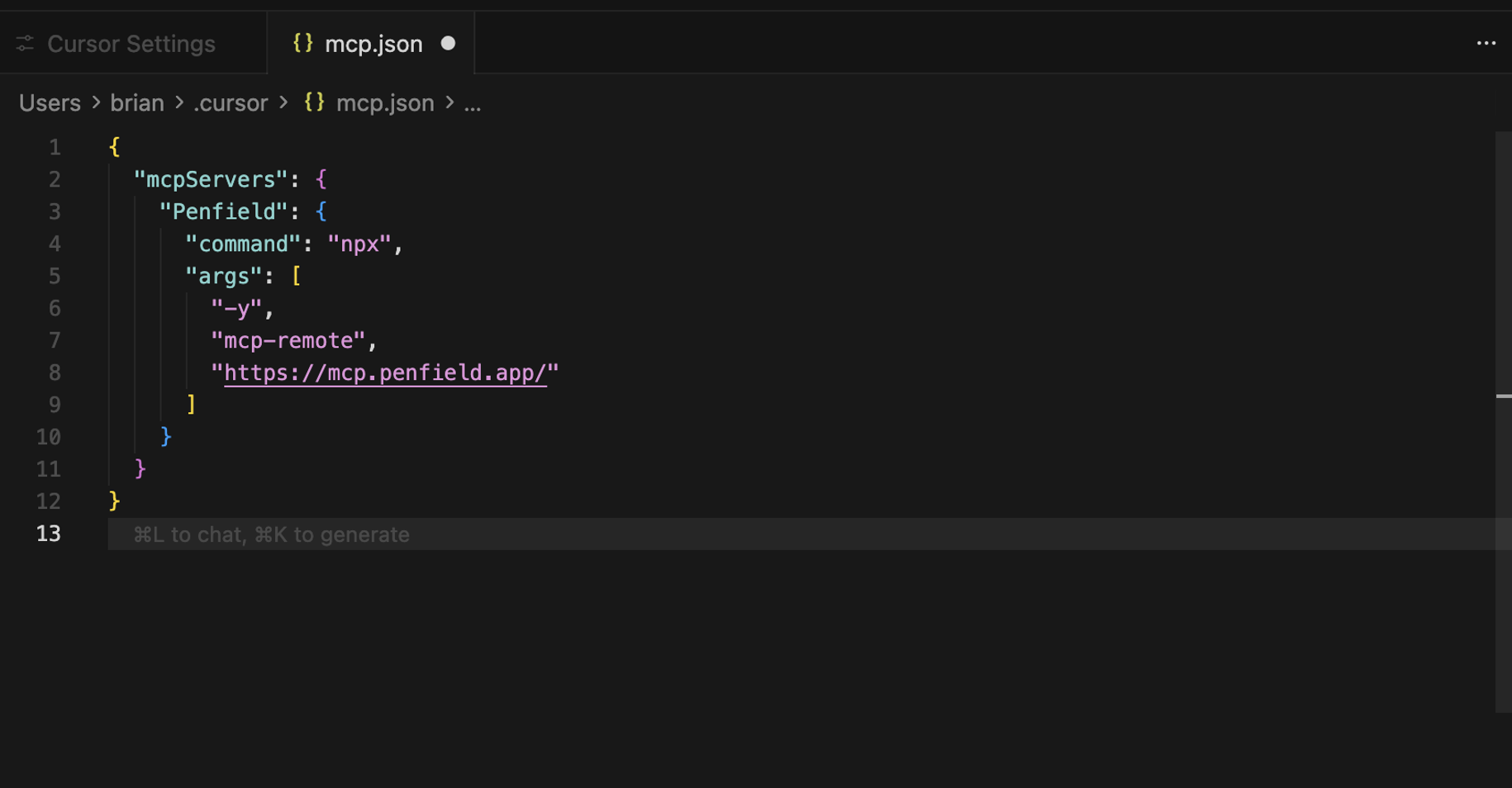 Cursor mcp.json with Penfield configuration