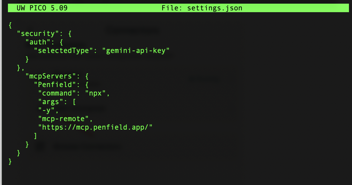 Gemini CLI settings.json with Penfield configuration