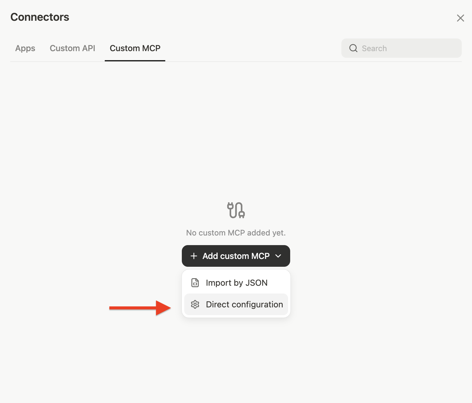 Custom MCP tab with Direct configuration option