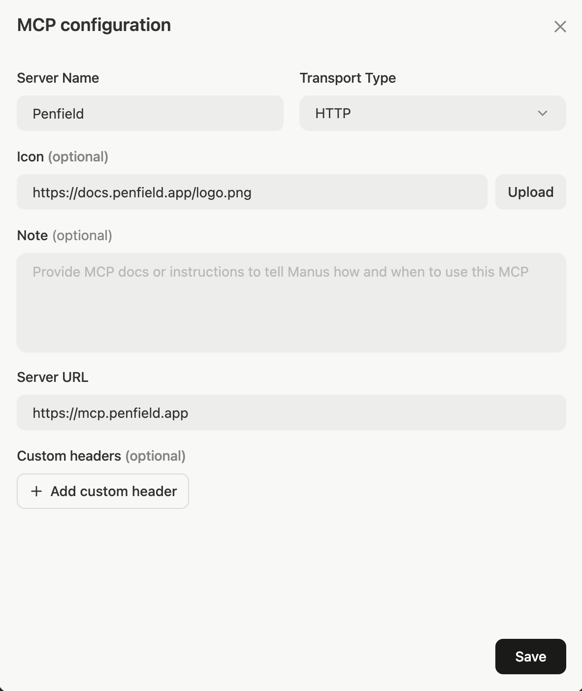 MCP configuration dialog with Penfield details