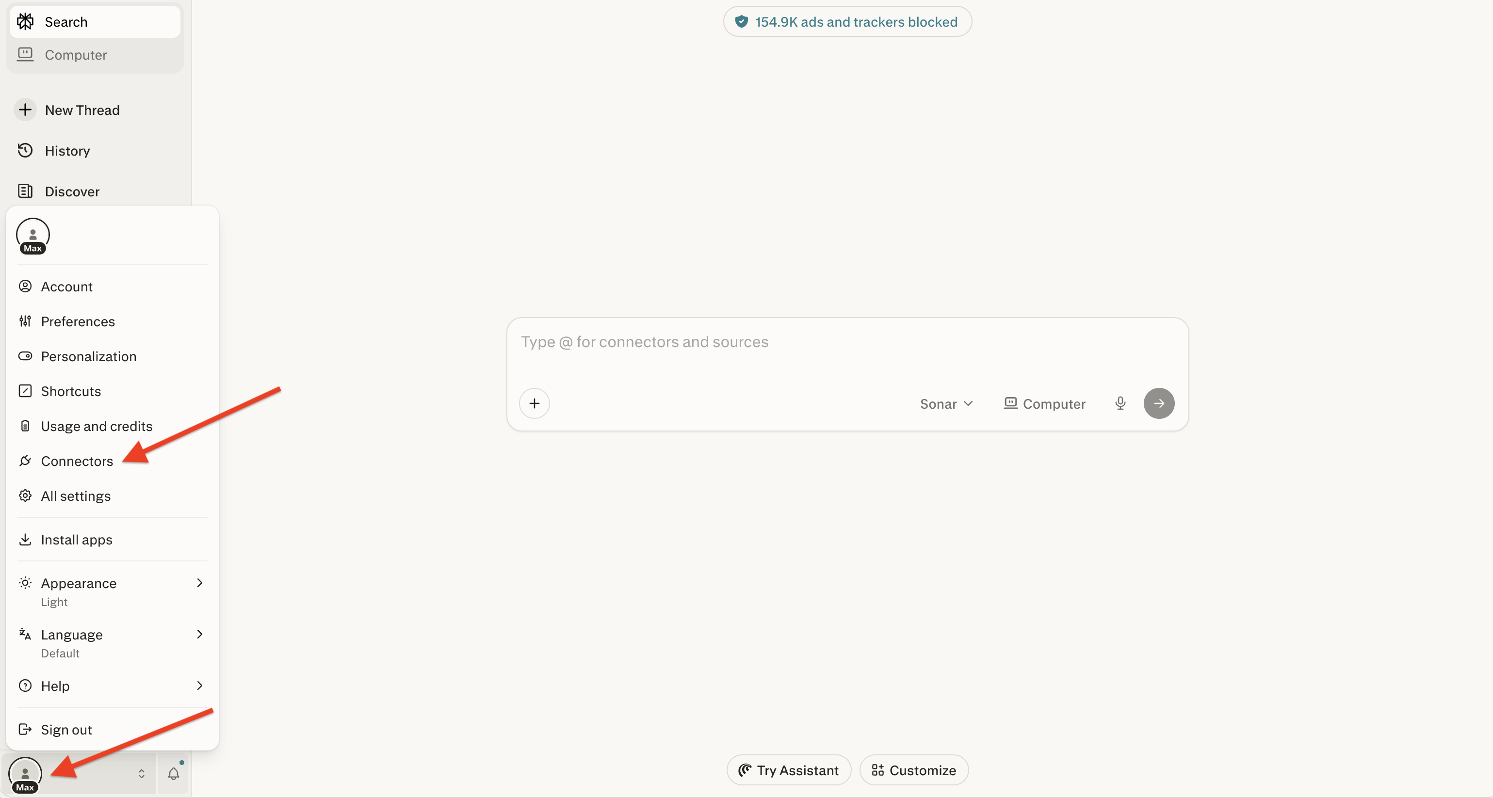 Profile menu with Connectors option