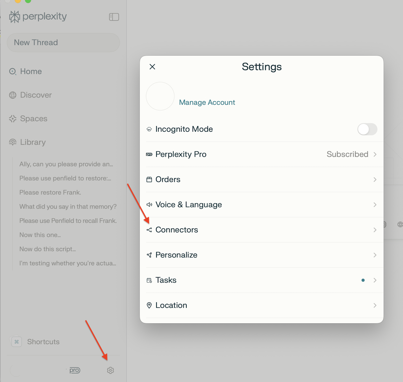 Perplexity settings showing Connectors option