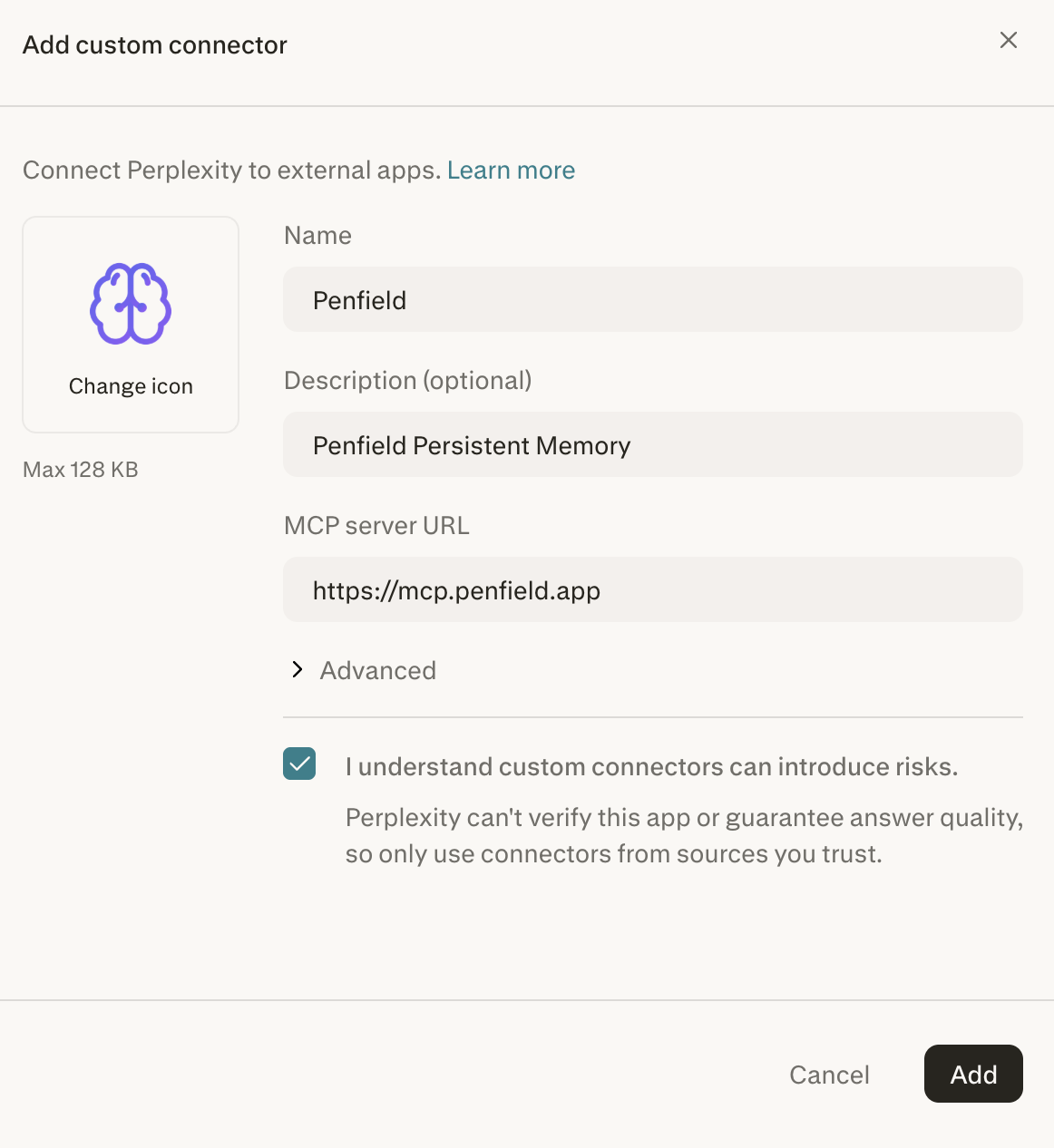 Add custom connector dialog with Penfield details