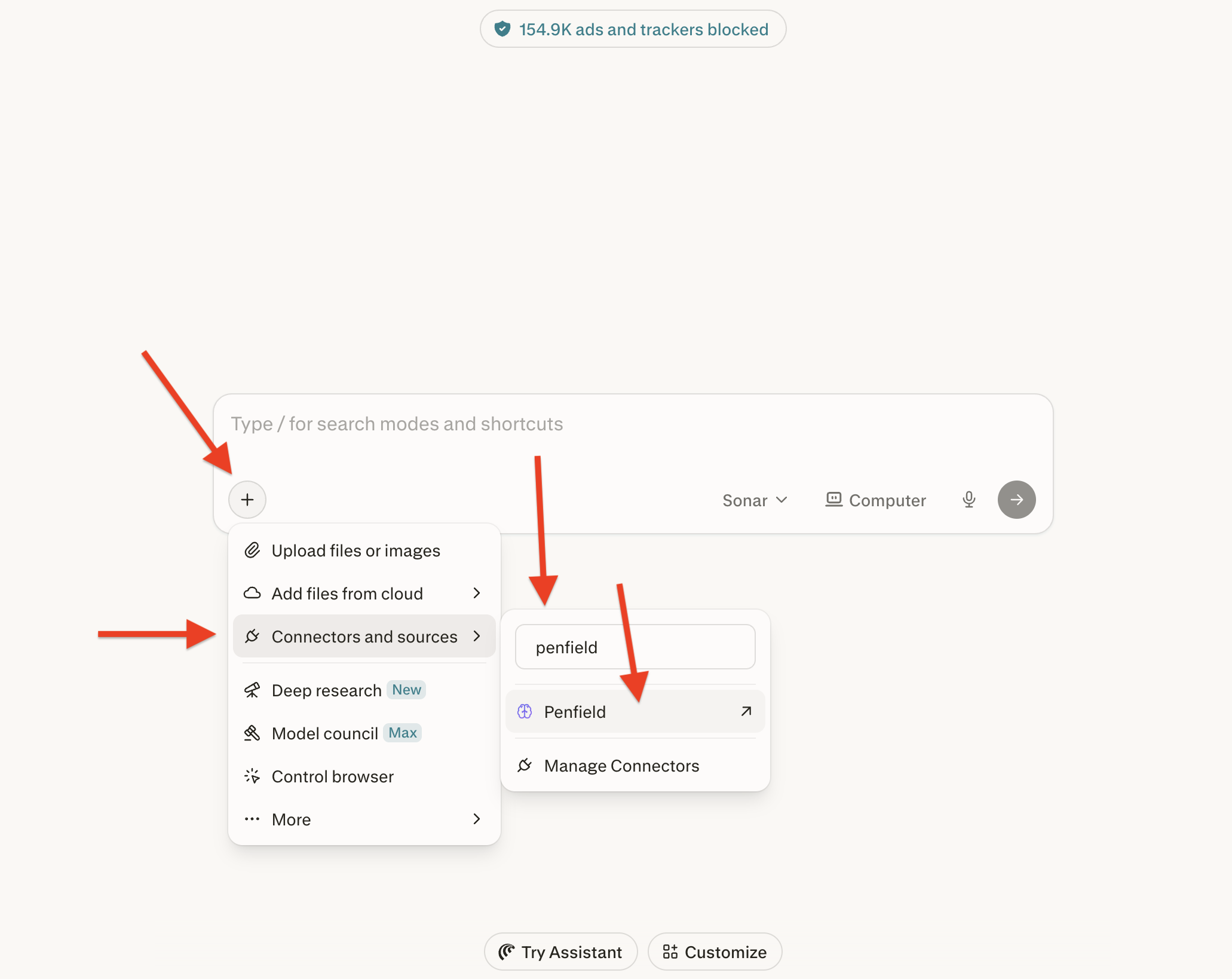 Connectors and sources menu with Penfield selected