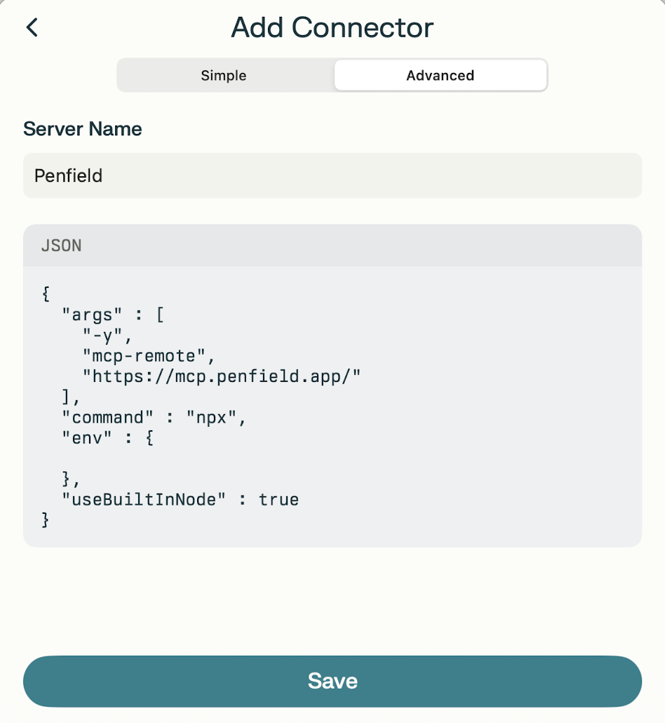 Advanced view showing JSON configuration