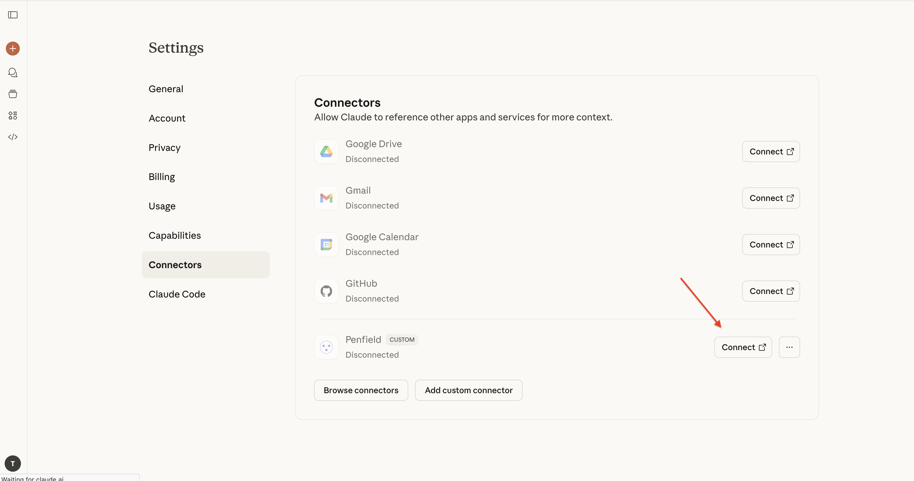 Connectors page showing Penfield disconnected