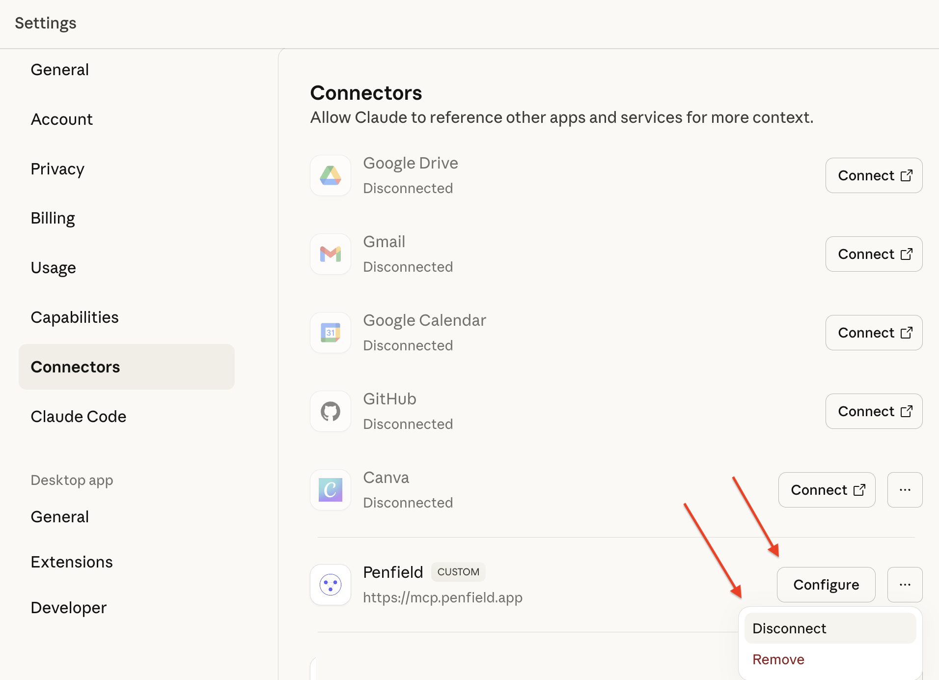 Disconnect option in menu