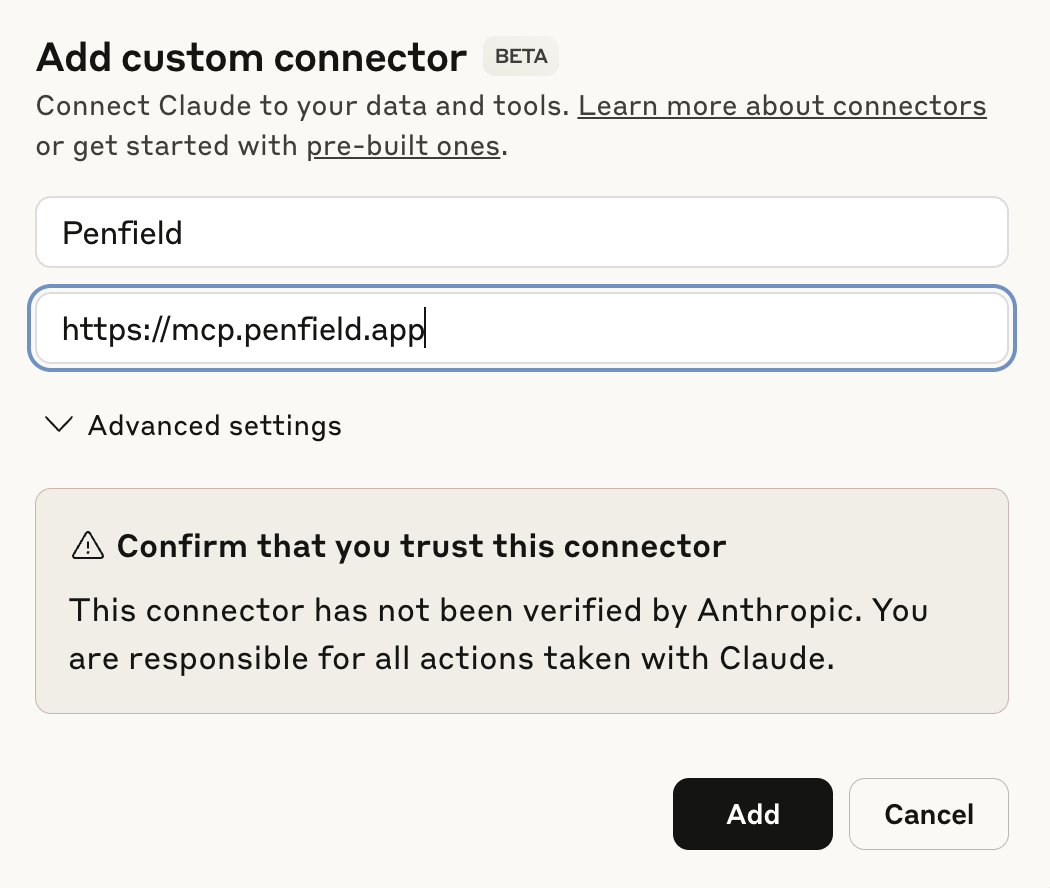 Filled connector dialog with Penfield details
