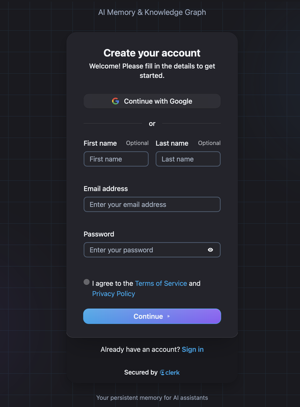 Sign up screen