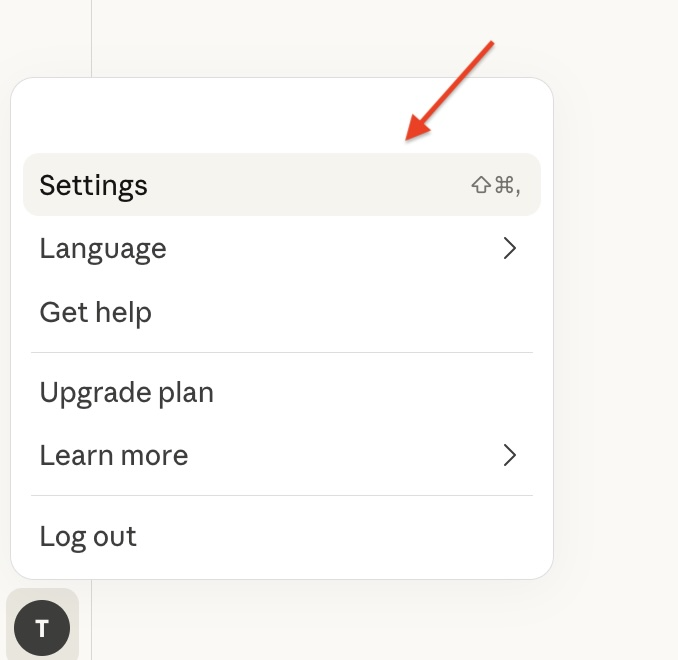 Settings option in menu