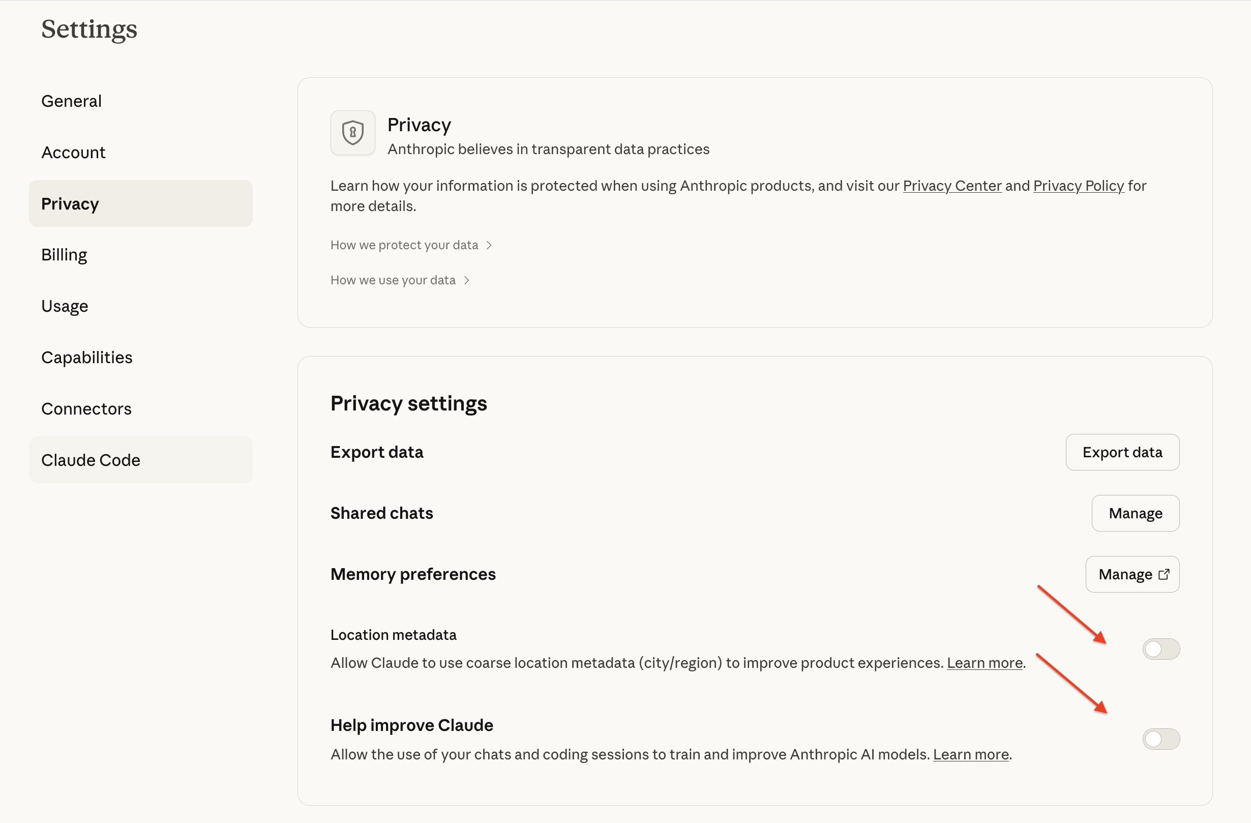 Privacy settings