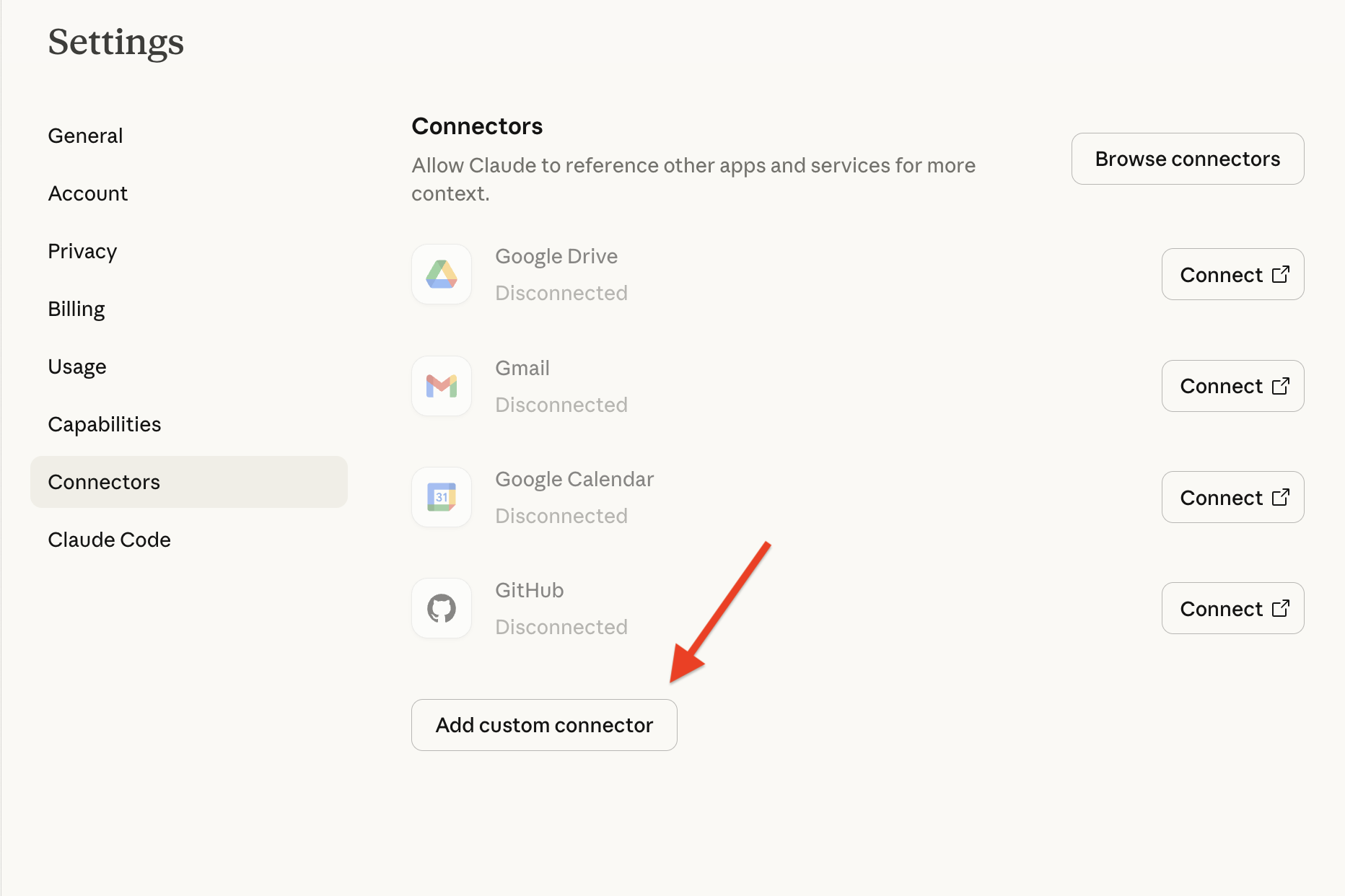 Connectors settings page