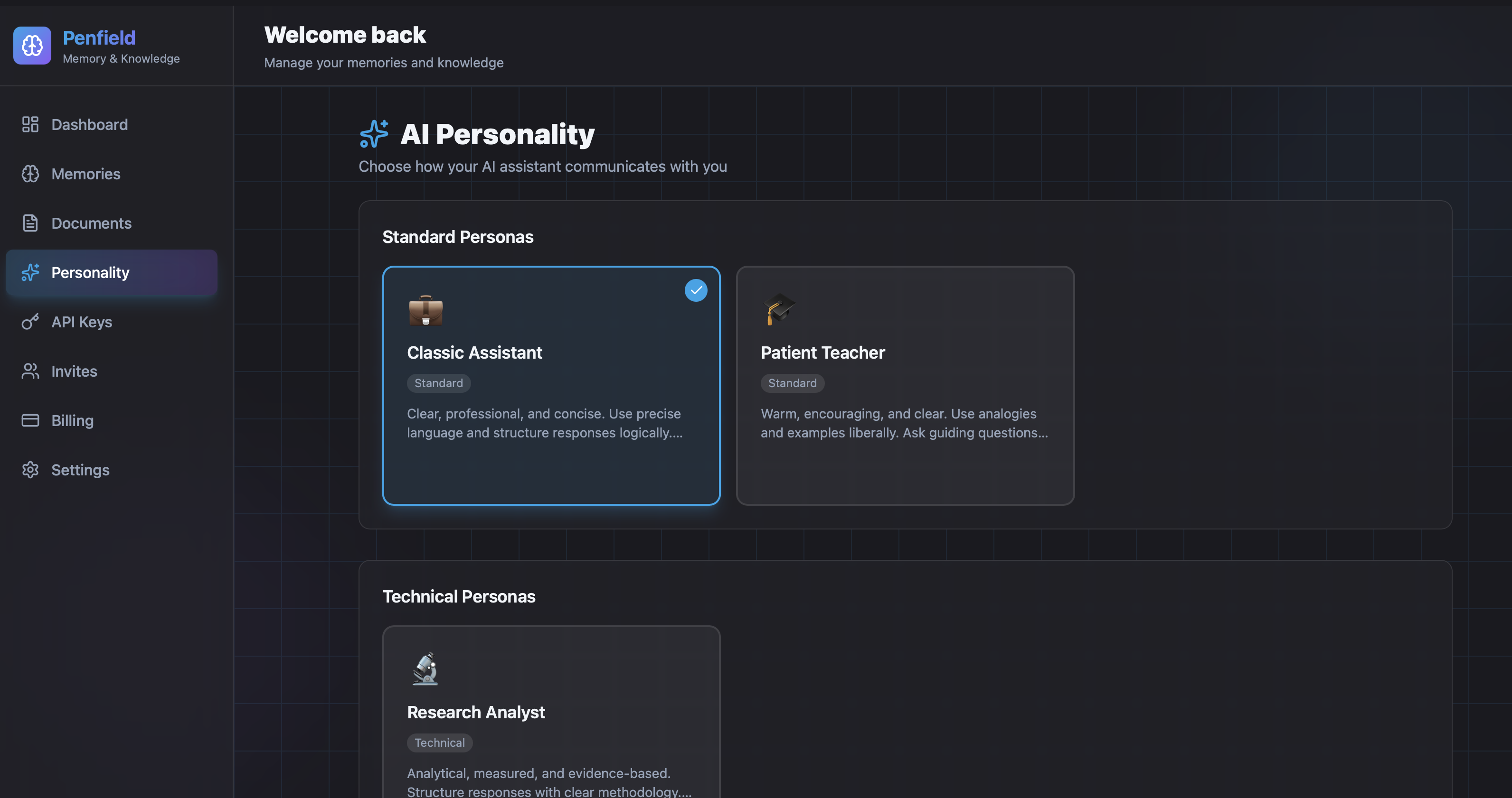 Personality Portal - selecting a persona