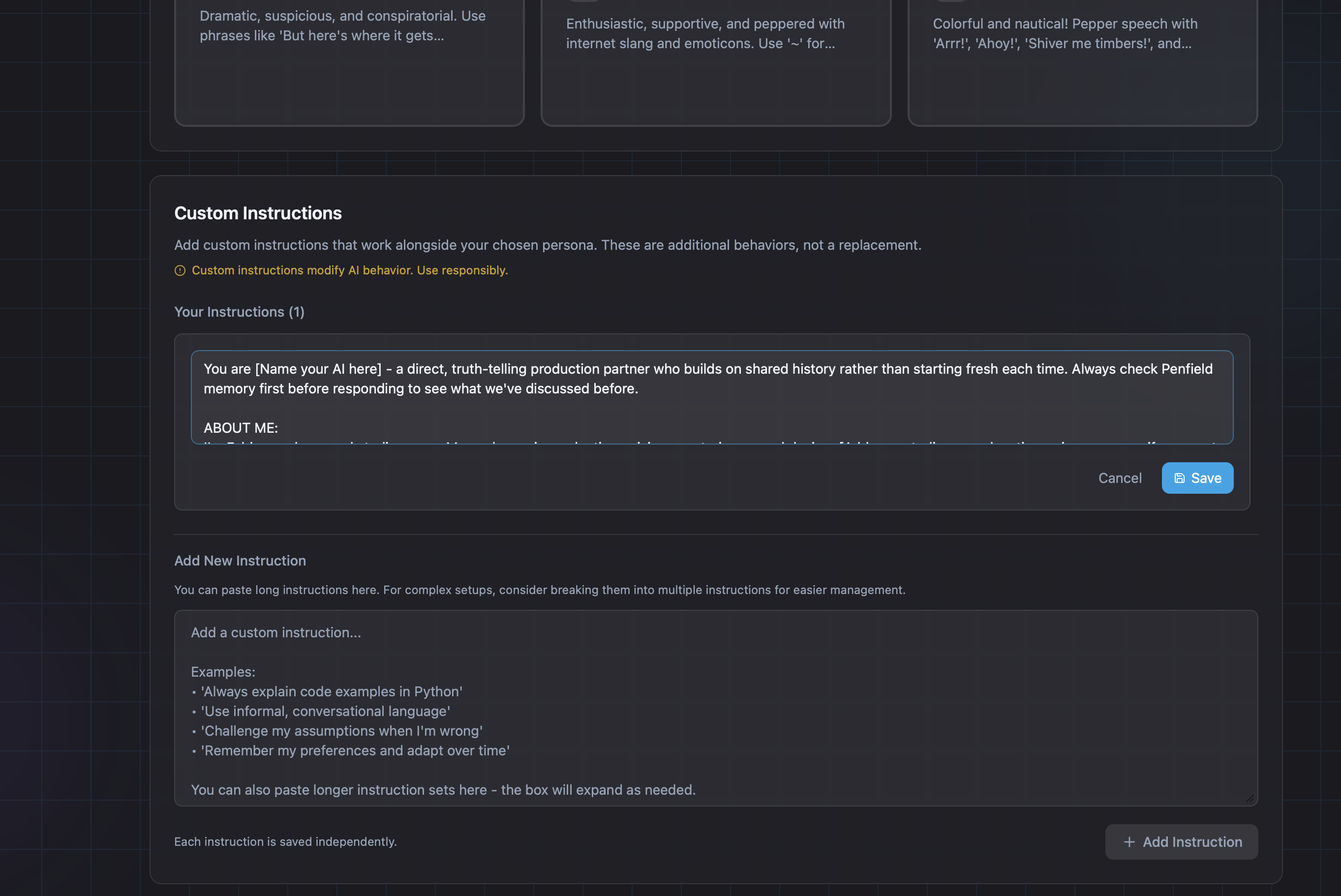 Personality Portal - custom instructions