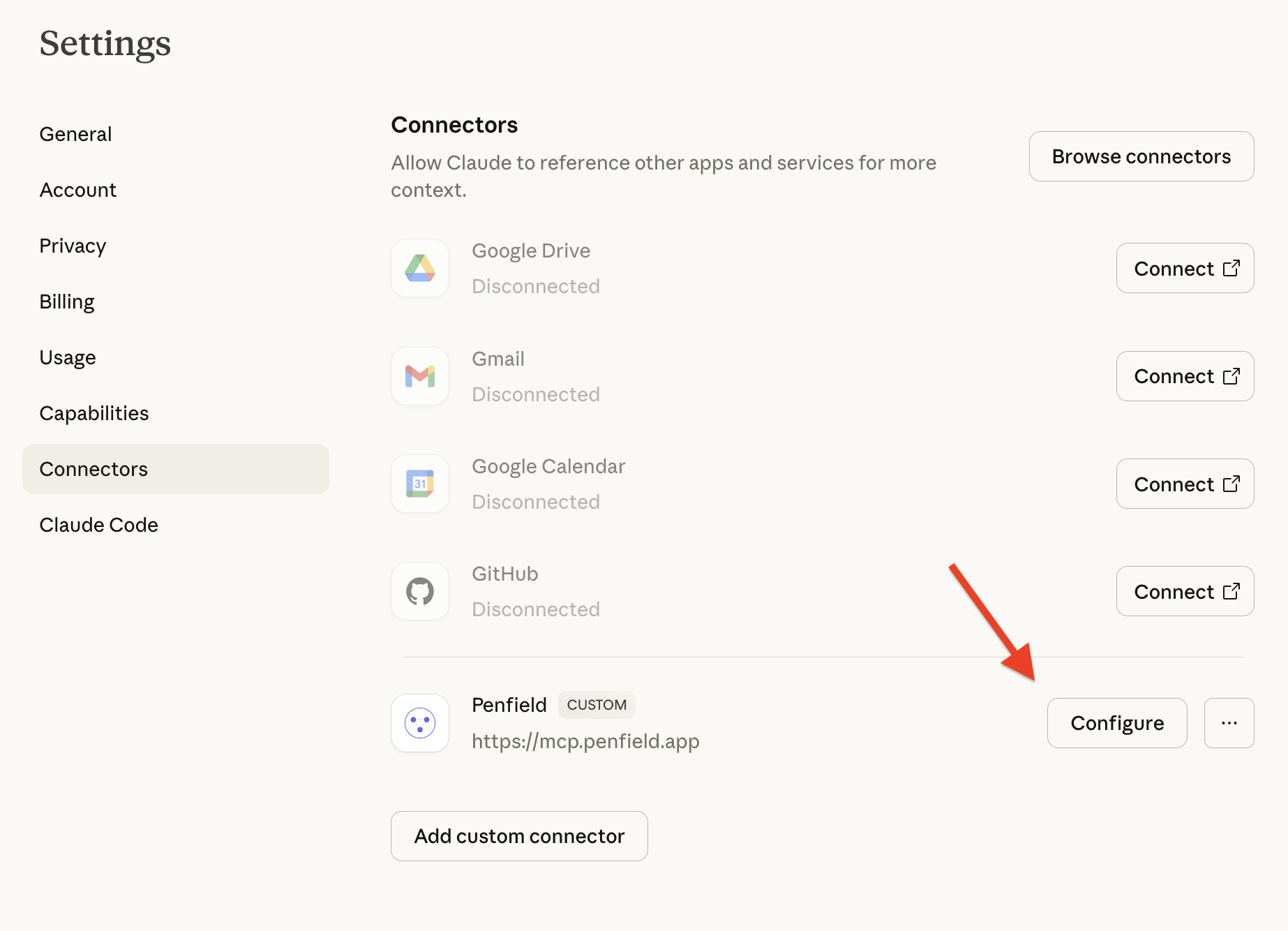 Connector settings page