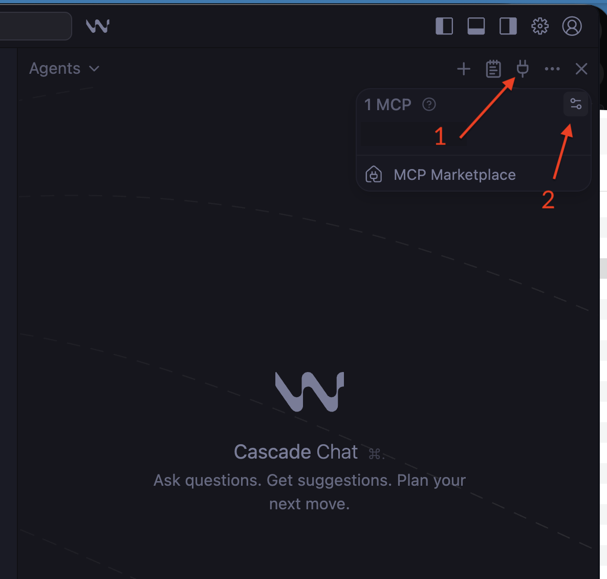 Windsurf showing MCP plugin and settings icons